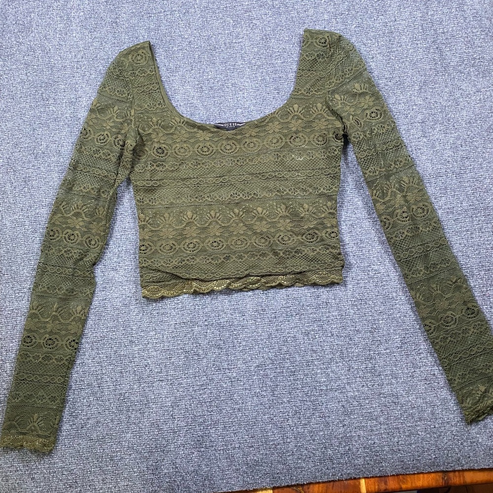 Guess Olive sheer Lace long sleeve Crop Top Y2K size medium